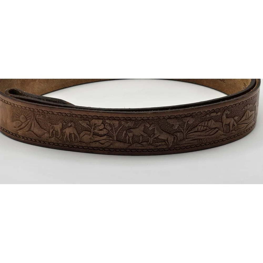 Thunderbird Full Grain Leather Belt Sz 40 Horses Engraved SHORTY No Buckle Brown
